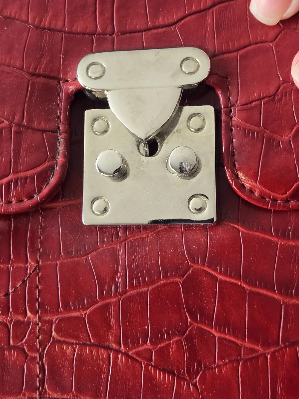 Red Croc-Embossed Structured Top-Handle Bag